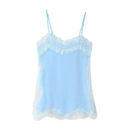 Women Lace Patchwork Sling Top Sexy V-neck Sleeveless Side Split Solid Color Vest 2025 New Summer Lady Party Vacation Tops