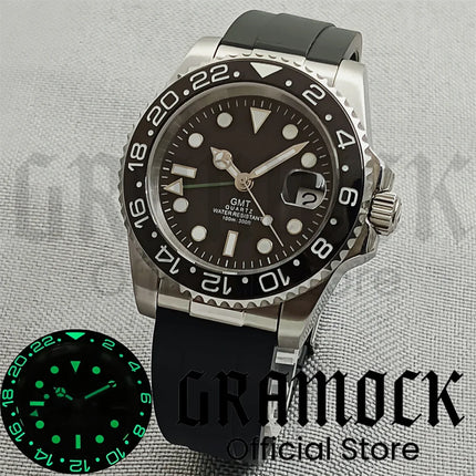 40mm GMT Men's Watch Ceramic Bezel Sapphire Glass Luminous Dial 10Bar Waterproof Sapphire Glass Stainless Steel Glideclas
