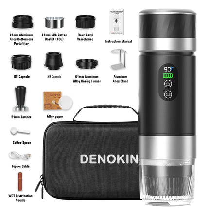 DENOKIN 3-in-1 Portable Espresso Coffee Machine With Digital Display Removable Battery for Car & Home Camping Coffee Maker