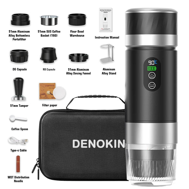 DENOKIN 3-in-1 Portable Espresso Coffee Machine With Digital Display Removable Battery for Car & Home Camping Coffee Maker