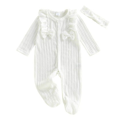 Baby Girl Footed Romper Duck Solid Color Bow Ruffled Long Sleeve Round Neck Jumpsuit with Bow Headband