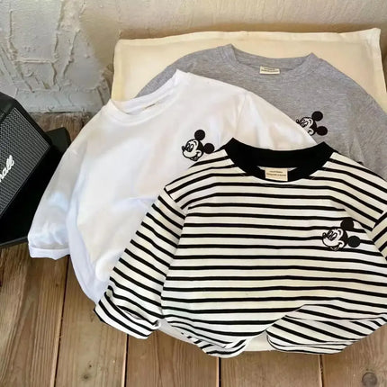 Baby Boys Girls Clothes 2025 Spring Children Cartoon Mickey Mouse Striped Raglan Sleeve Long Sleeve T-shirt Kid Fashion Clothing
