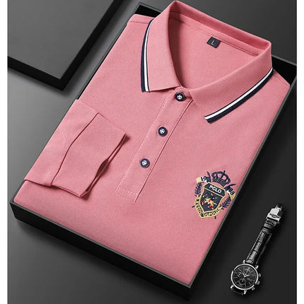 New Men's Long-sleeved Cotton Polo Shirt Fashion Embroidery Casual Bottom Pullover Shirts Tops Men's Clothing