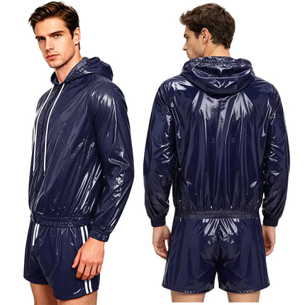 Mens Waterproof Sauna Outfit Glossy Sweat Suit Hooded Tracksuit Hooded Jacket with Jogging Track Pants for Fitness Training