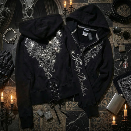 Women Rhinestone Eagle Wing Embellished Zip Up Hoodie Gothic Trend Rhinestone Embellished Jacket Y2K Street Retro Fashion Hoodie