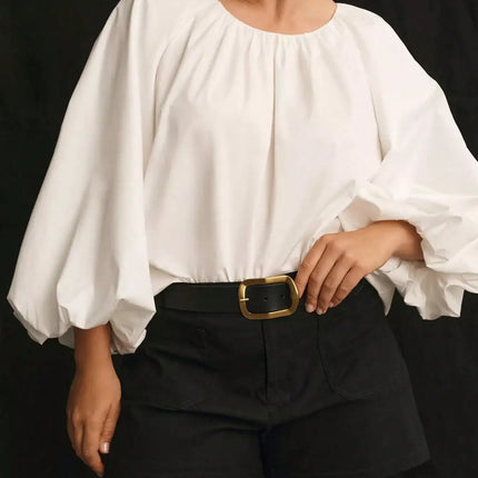 Women Plus Size Round Neck Elegant Solid Tops Lantern Long Sleeve Loose Fashion Blouse Shirt, Button Back