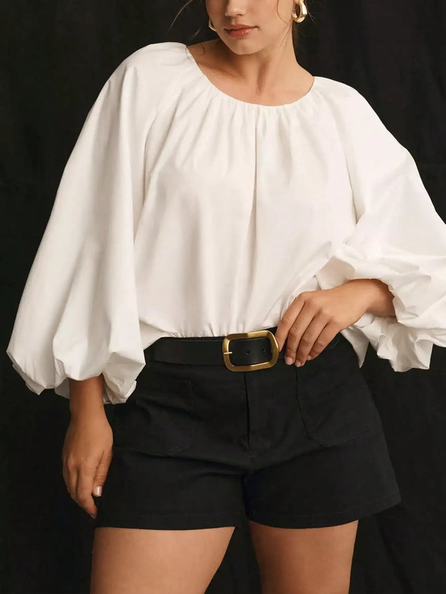 Women Plus Size Round Neck Elegant Solid Tops Lantern Long Sleeve Loose Fashion Blouse Shirt, Button Back