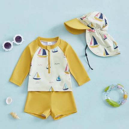 0-6Y Boys Rash Guard Swimsuit Set Sailboat Print Long Sleeve Zipper Tops with Shorts and Swim Hat 3Pcs Outfits