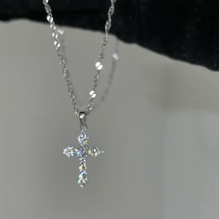 Silver Color Zircon Cross Pendant Necklace for Women Shiny Rhinestone Collar Necklaces 2025 Trend Christmas Jewelry
