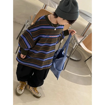 Boys Long Sleeved T-shirt for Spring and Autumn Korean Version Loose Casual Striped Top Mid Size Childrens Autumn Outfit