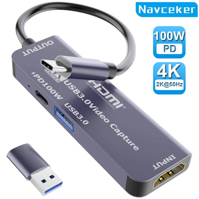 Navceker USB 3.0 Video Capture Card With 100W PD For Meta Quest 3 iPad HDMI to USB/Type-c Gaming Live Streaming Video Recorder
