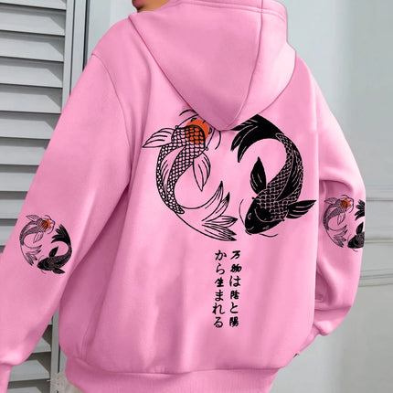 Japanese Koi Harajuku Illustration Prints Women Hoodie Loose Y2K Hoody Multicolor Autumn Hoodies Fleece Soft Woman Sportswear