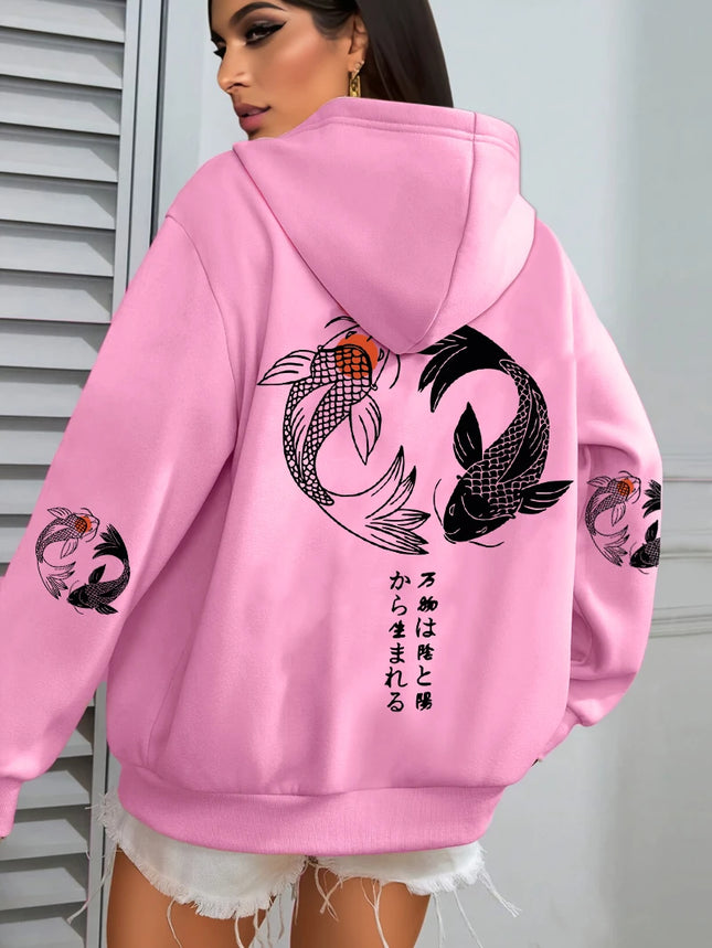 Japanese Koi Harajuku Illustration Prints Women Hoodie Loose Y2K Hoody Multicolor Autumn Hoodies Fleece Soft Woman Sportswear