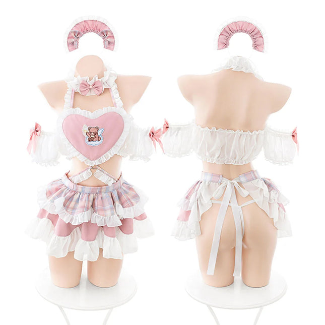 LISM Cute Pink Lolita Maid Costume Sweet Anime Bear Embroidery Lingerie Set for Cosplay Role Play