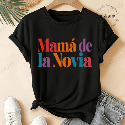 Women's Casual Short Sleeve T-Shirt Spanish Girl Bachelorette Party Graphic T-Shirts- Black White, Medium Stretch Round Neck
