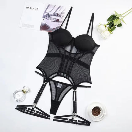 MUZISKAT Mesh  Lingerie Luxury Brand Bodysuit Backless Tops for Women 3 Piece Lingerie Set with Garter Sexydresses for Women