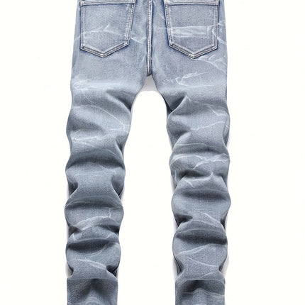 Men‘s Stretchy Denim Jeans Streetwear Tearing Patchwork Holes Ripped Denim Elastic Waist Casual Pants Slim fit Straight Trousers