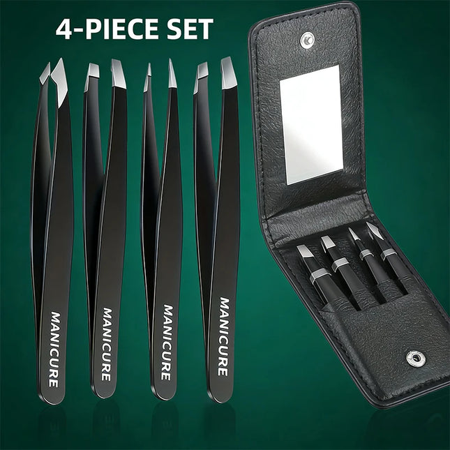 4pcs Stainless Steel Eyebrow Tweezers Set with Double Eyelid Tape & Case Professional Makeup Tools for Eyelash Extension