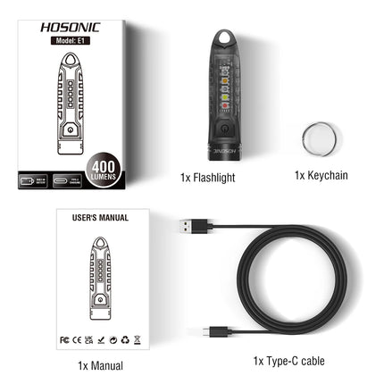 HOSONIC E1 EDC Flashlight Keychain Light 400LM XPG Type-C Rechargeable Mini LED Torch Camping Pocket Lantern Built-in Battery