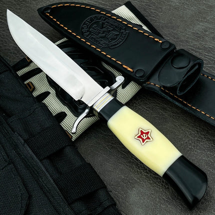 Russia Survival Fixed Blade Knife with Leather 440C Blade Resin Handle Survival Hunting Outdoor Knife Multi-Purpose Cutting Tool