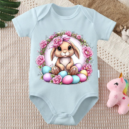 Pure Cotton Bodysuit Retro Happy Easter Bunny Flowers Onesie Comfortable Cloths for Baby Jumpsuit for 0 To 12 Months Newborn