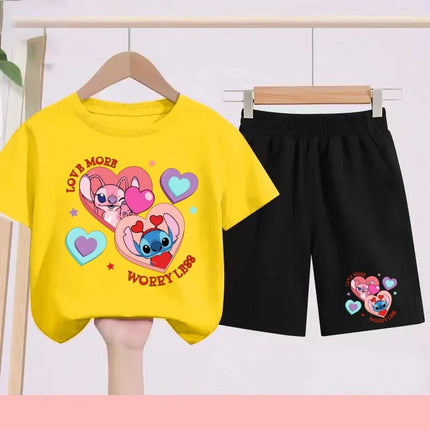 Disney 2026 Summer Round-neck Short-sleeved Set Girl Stitch Printed T-shirt Fashion Child Top+Shorts Casual Daily Sportswear Set