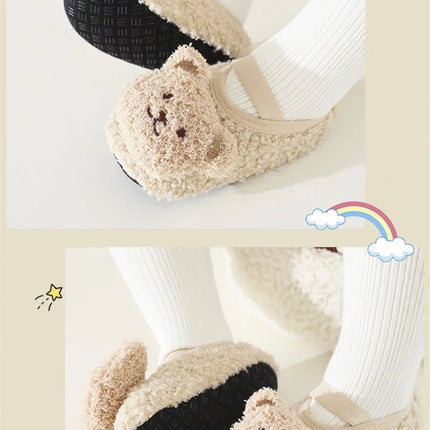 Cartoon Bear Baby Shoes Winter Thick Warm Newborn Shoes Non-slip Soled Soft Plush Toddler Kids Boy Girls Infant First Walkers