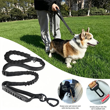 Tactical Dog Leash Heavy Duty for Medium Large Dogs Strong Bungee No Pull Dog Leash with Padded Double Handle and Car Seatbelt