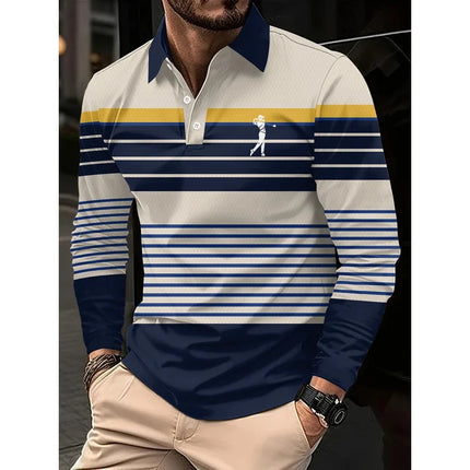 Men's long-sleeved striped polo shirt, men's high tie button, double-sided German velvet shirt for winter