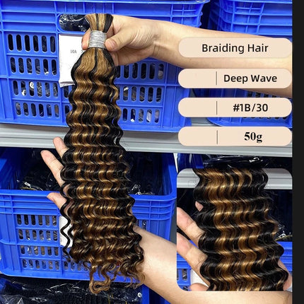 Human Braiding Hair for Boho Braids 50g/Pack Highlight Deep Wave Bulk Human Hair 4/27 Ombre Knotless Braiding Hair Extensions