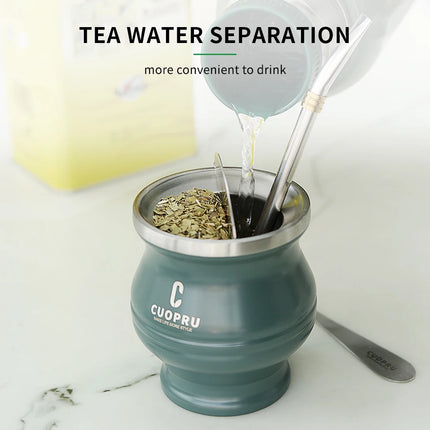 Yerba Mate Gourd Set Includes Double Walled Stainless Steel Tea Cup One Bombilla Mate (Straw), Cleaning Bruch, Tea Separator