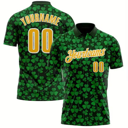 Customizable Name And Number Men'S St. Patrick'S Day Polo Shirt Green Clover Print Casual Short Sleeve Button Up Polo Shirts