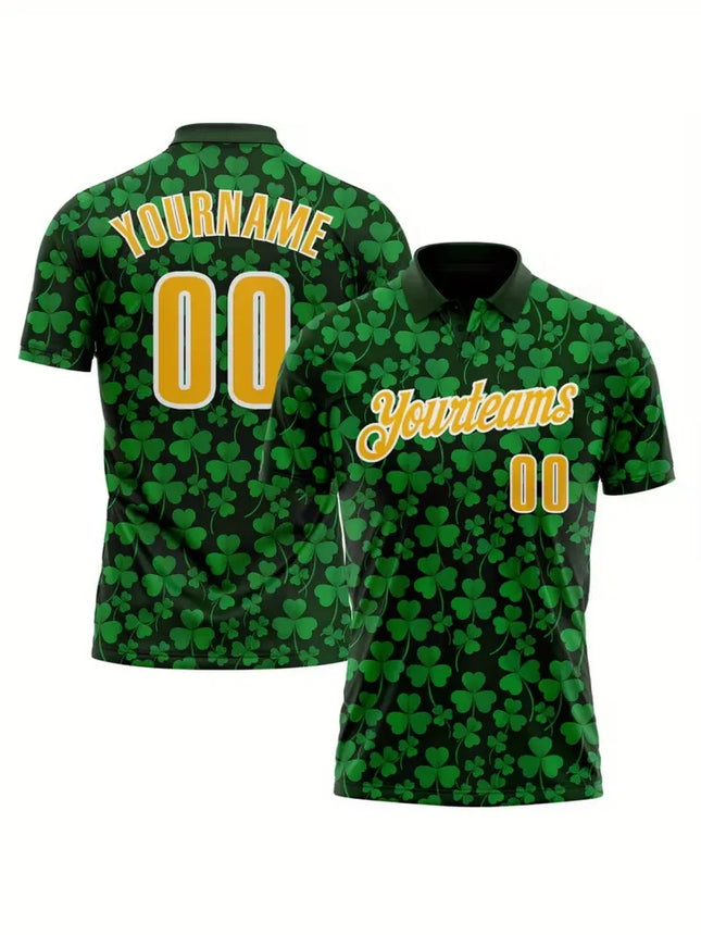 Customizable Name And Number Men'S St. Patrick'S Day Polo Shirt Green Clover Print Casual Short Sleeve Button Up Polo Shirts