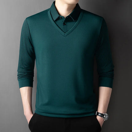 Men's Casual Fashion Long Sleeve Solid Color Polo Shirt 2025 Business Versatile Top All Season Fake Two-Piece