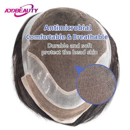Antibacterial Men Toupee Lace PU Men Topper Bleached Knots Human Hair System Indian Human Hair Wig Natural Capillary Prosthesis