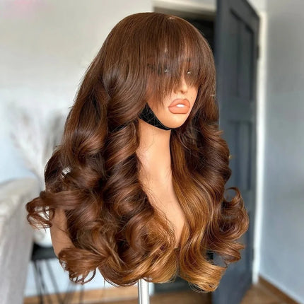 Ombre Brown With Bangs Colored 13x4 Synthetic Lace Frontal Wig Glueless Pre-Plucked Body Wave Wig For Women Daily Wear Cosplay