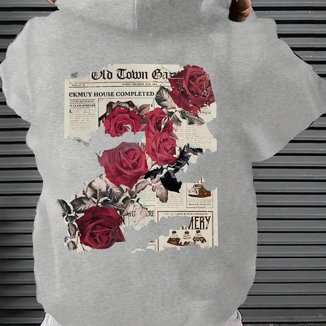 Oversized Unisex Heather Gray Hoodie Vintage Newspaper Red Rose Back Print 2026 Spring Autumn Korean Ulzzang Y2K Viral Street