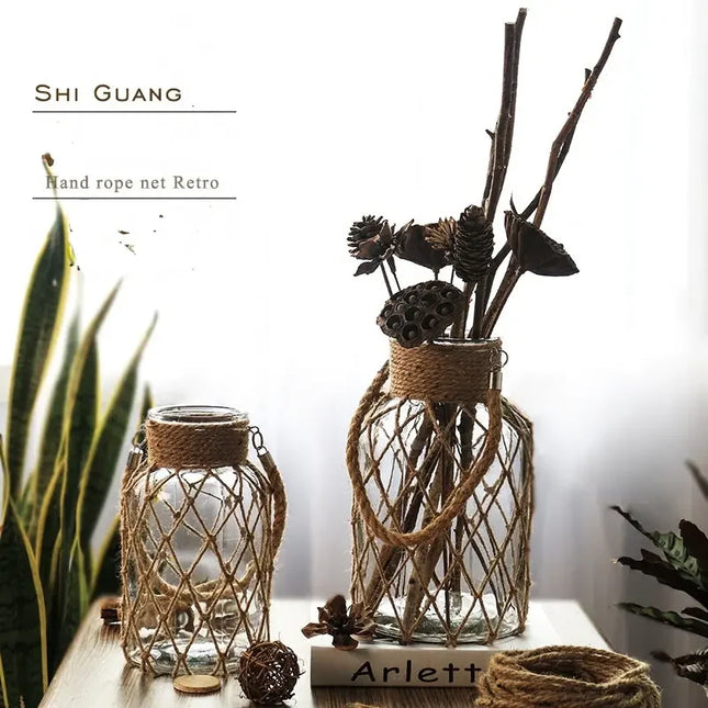 1 Piece Bohemian Vintage Creative Handwoven Mesh Pocket Clear Glass Vase, Portable Floral Hydroponic Vase Decorative Ornament