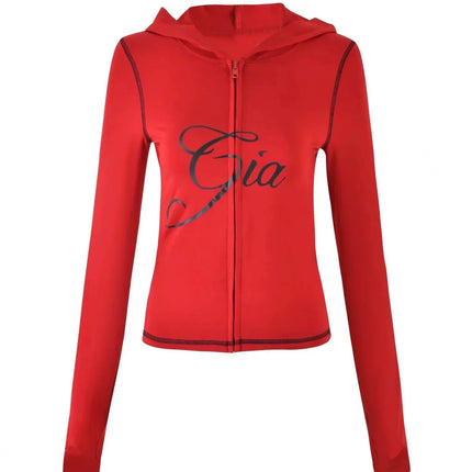 Gia Slim-Fit Letter Print Topstitching Design Hooded Zip-Up Jacket and Pants Set