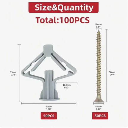 100pcs Drywall Anchor Kit Hollow Wall Anchors Plasterboard Plugs Screws Butterfly Expansion Tube Pipe 50 Set
