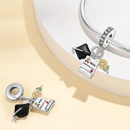100% 925 Sterling Silver Graduation Season Series Owl Bachelor's Hat Charms Beads Fit 3mm 925 Original Bracelets DIY Jewelry