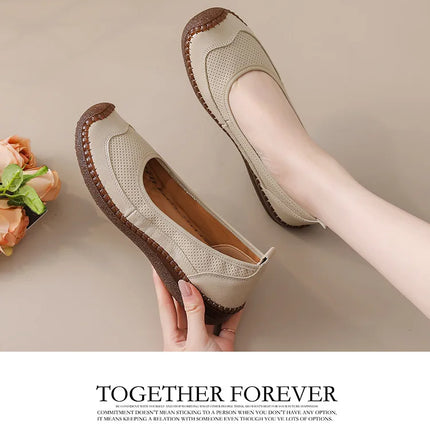 New Real Leather Perforated Ballet Flats Women's Massage Insole Slip On Moccasins Woman Hollow Loafer Casual Daily Shopping Shoe