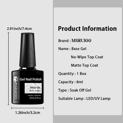 MSRUIOO 8ml Base No-wipe Matte Top Coat Gel Nail Polish Long-Lasting Soak Off UV Gel Nail Supplies Manicure Nail Art Vernis