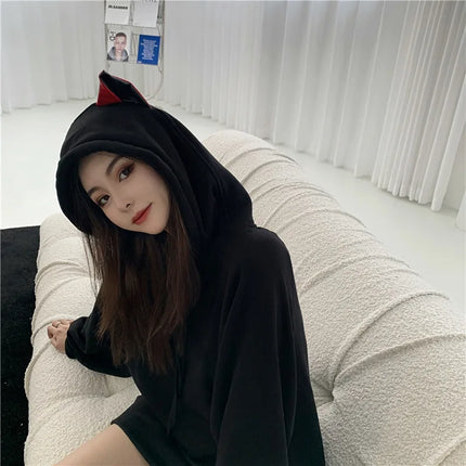 Women Fleece Thicken Cartoon Cat Ear Hoodie Sport Stylish Female Autumn Winter Pullover Tops Loose Mid-length Warmth Sweatshirt