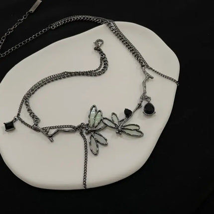 Sweet Cool Gun Black Fantasy Dragonfly Necklace for Women Gothic Black Tassels Choker Niche High-End Clavicle Chain Jewelry