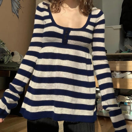 Fairy Grunge Sweater Pullovers Tops Women Y2K Stripped Babydoll Tops Vintage Long Sleeve Button Square Neck Knitted T-shirt