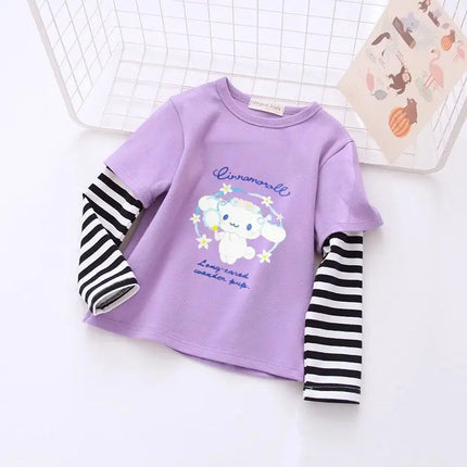 Autumn Baby Girls 100% Cotton Clothes Top Kid Sanrio Cinnamoroll Printed Long Sleeve T-shirts Children Stripe Patchwork Pullover