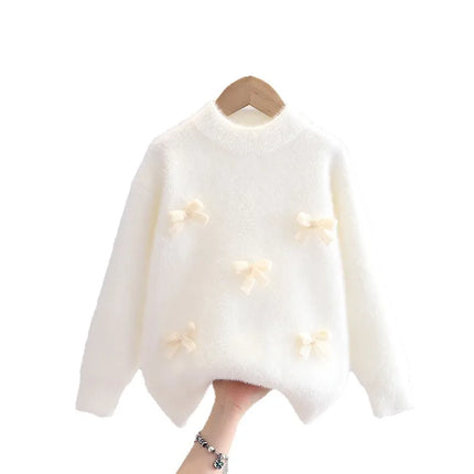 2025 Sweaters for Kids Girls Winter Warmer Bow-tie Sweater Fluffy Flocking Knitted Tops Outfit Student Princess Clothing IY08151