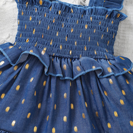 3-24Months Infant Baby Girl Golden Dot Slip Blue Dress Toddler Girl Summer Fashion Party Princess Dresses with Headband 2Pcs Set