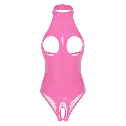 Womens Latex Lingerie Cutout Patent Leather Bodysuit Halter Neck Backless Crotchless Open Cup Teddies Leotard Erotic Clubwear
